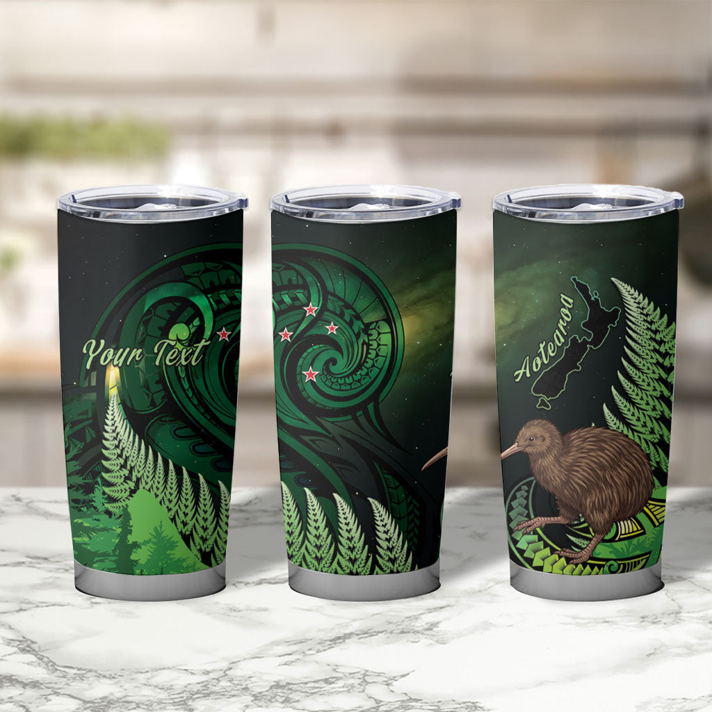 Kiwi New Zealand Personalised Tumbler Cup Aotearoa Map Silver Fern Koru Pattern