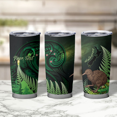 Kiwi New Zealand Personalised Tumbler Cup Aotearoa Map Silver Fern Koru Pattern