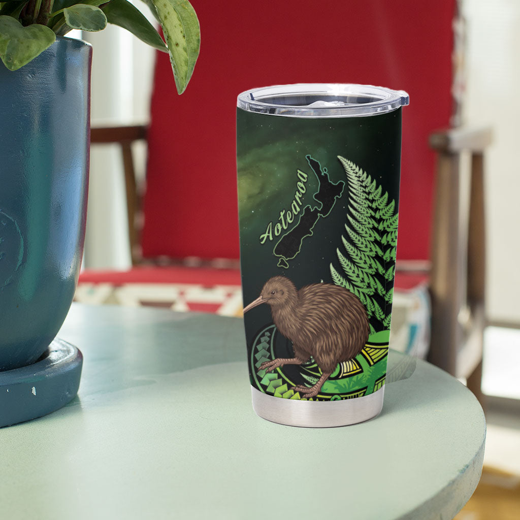 Kiwi New Zealand Personalised Tumbler Cup Aotearoa Map Silver Fern Koru Pattern