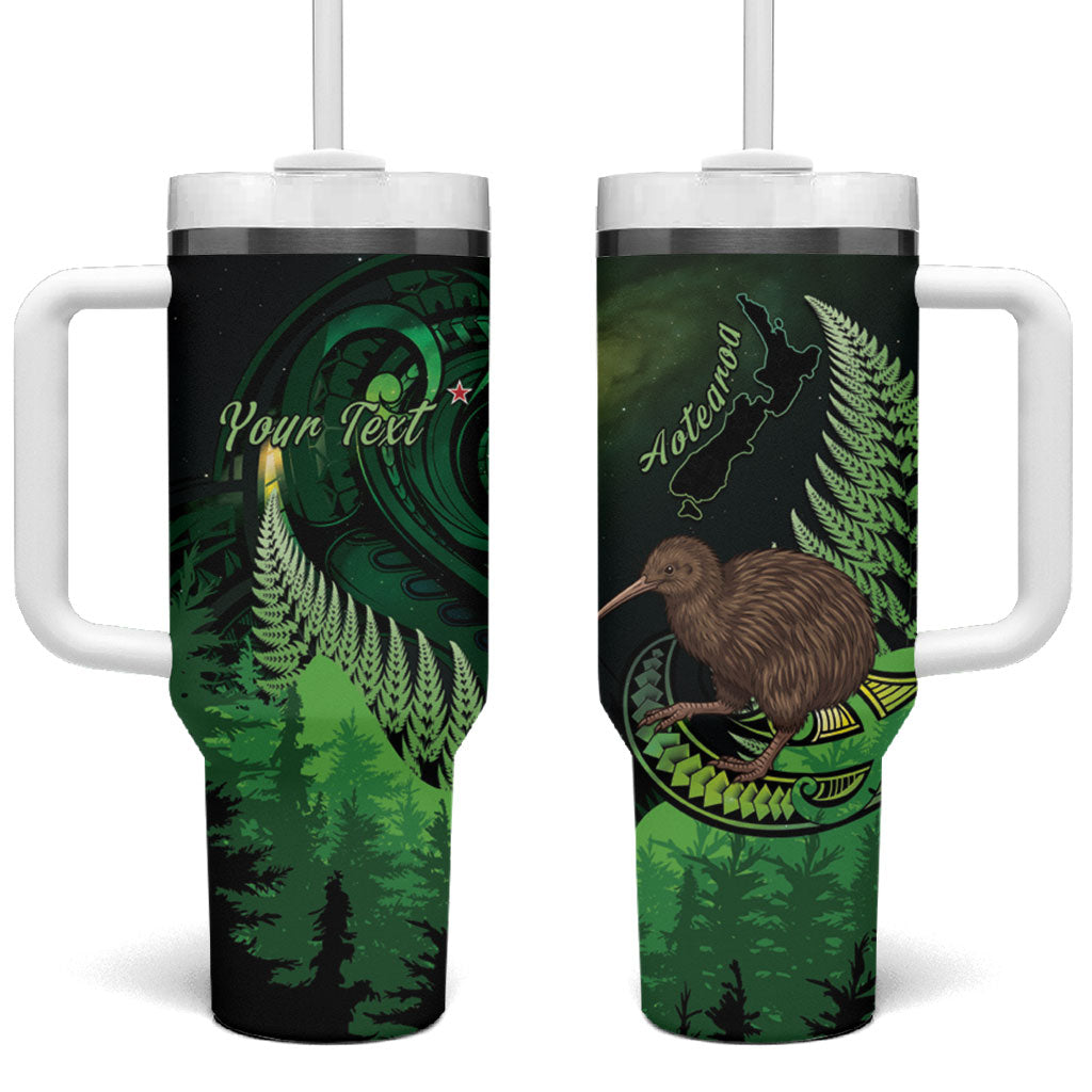 Kiwi New Zealand Personalised Tumbler With Handle Aotearoa Map Silver Fern Koru Pattern