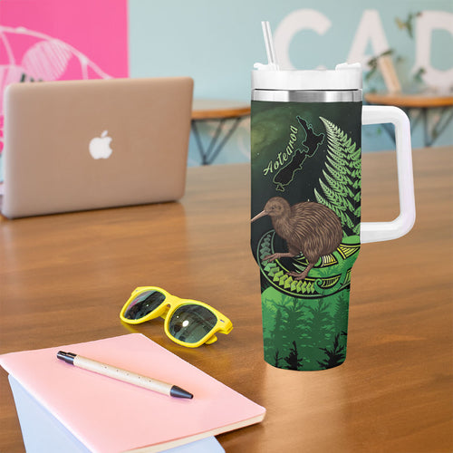 Kiwi New Zealand Personalised Tumbler With Handle Aotearoa Map Silver Fern Koru Pattern