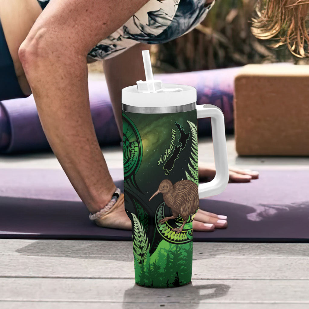 Kiwi New Zealand Personalised Tumbler With Handle Aotearoa Map Silver Fern Koru Pattern