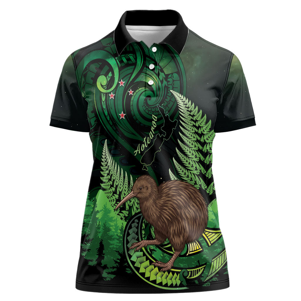 Kiwi New Zealand Personalised Women Polo Shirt Aotearoa Map Silver Fern Koru Pattern