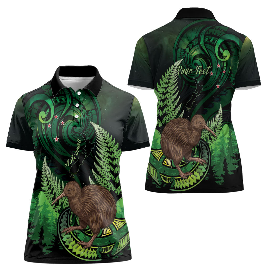 Kiwi New Zealand Personalised Women Polo Shirt Aotearoa Map Silver Fern Koru Pattern