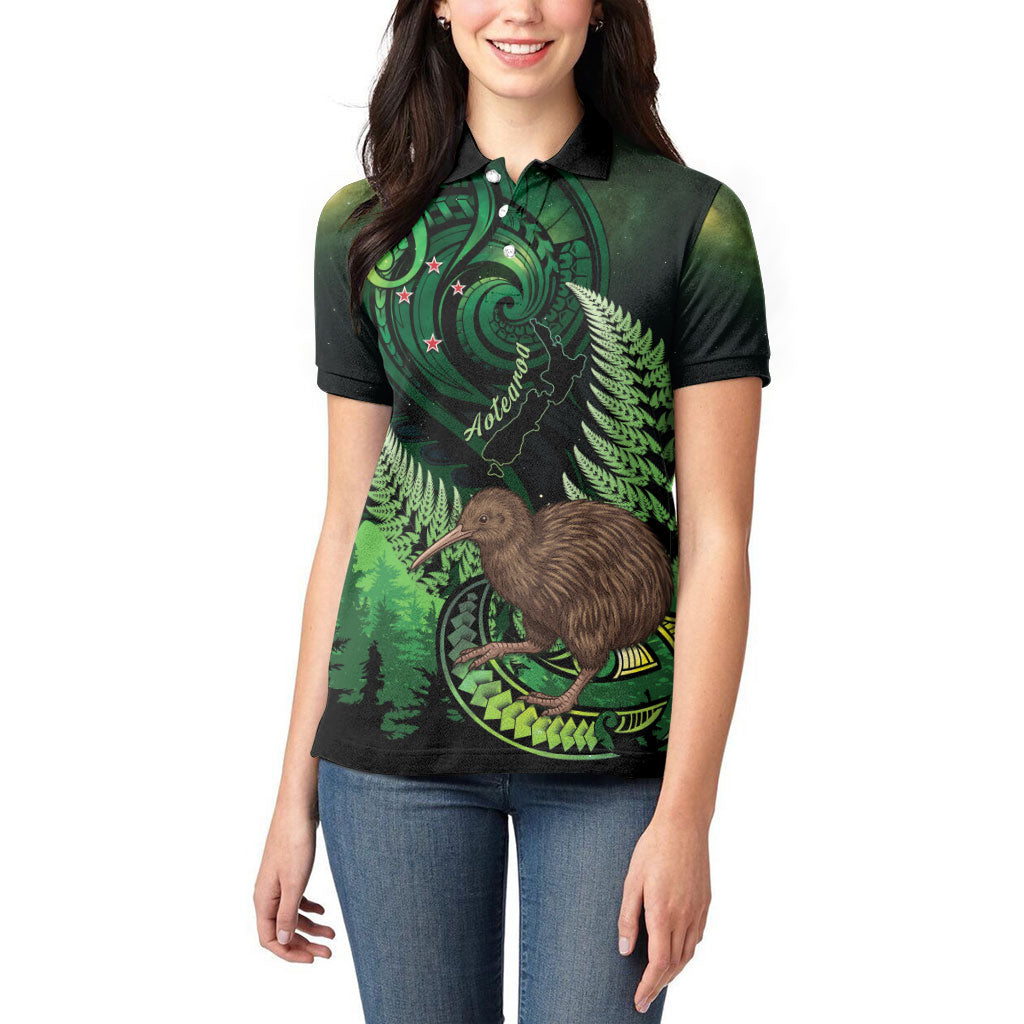 Kiwi New Zealand Personalised Women Polo Shirt Aotearoa Map Silver Fern Koru Pattern