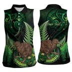 Kiwi New Zealand Personalised Women Sleeveless Polo Shirt Aotearoa Map Silver Fern Koru Pattern