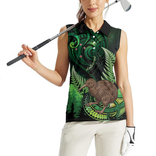 Kiwi New Zealand Personalised Women Sleeveless Polo Shirt Aotearoa Map Silver Fern Koru Pattern