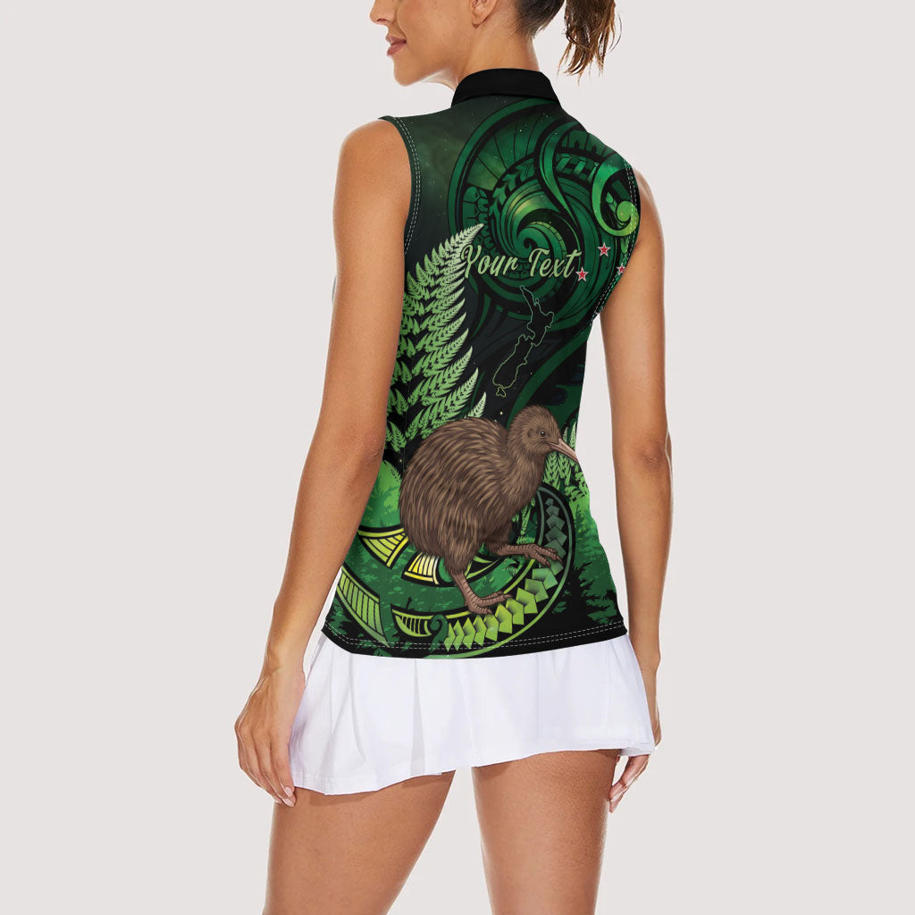 Kiwi New Zealand Personalised Women Sleeveless Polo Shirt Aotearoa Map Silver Fern Koru Pattern