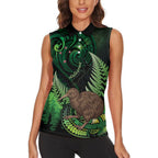 Kiwi New Zealand Personalised Women Sleeveless Polo Shirt Aotearoa Map Silver Fern Koru Pattern