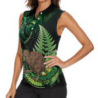 Kiwi New Zealand Personalised Women Sleeveless Polo Shirt Aotearoa Map Silver Fern Koru Pattern