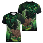 Kiwi New Zealand Personalised Women V-Neck T-Shirt Aotearoa Map Silver Fern Koru Pattern