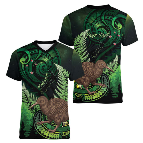 Kiwi New Zealand Personalised Women V-Neck T-Shirt Aotearoa Map Silver Fern Koru Pattern
