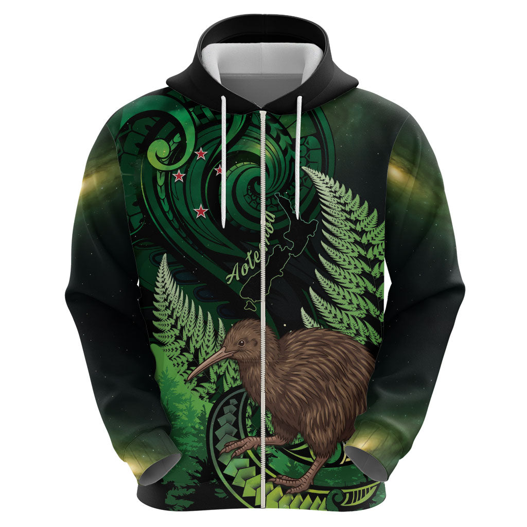 Kiwi New Zealand Personalised Zip Hoodie Aotearoa Map Silver Fern Koru Pattern