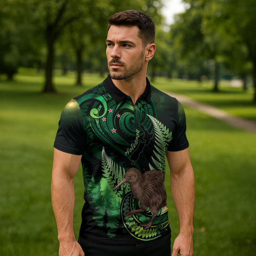 Kiwi New Zealand Personalised Zipper Polo Shirt Aotearoa Map Silver Fern Koru Pattern