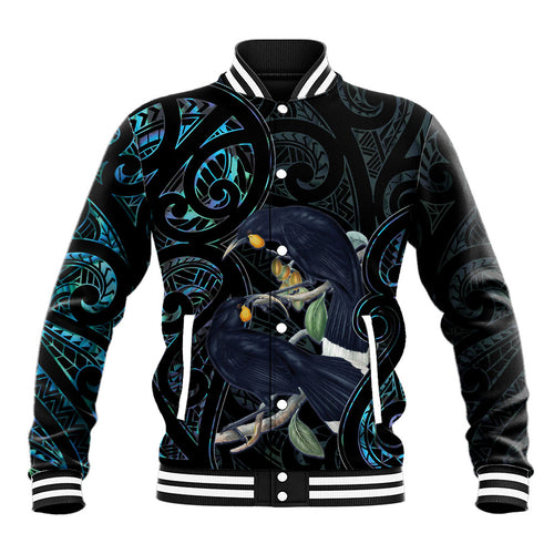 New Zealand Huia Bird Baseball Jacket Paua Shell Maori Pattern