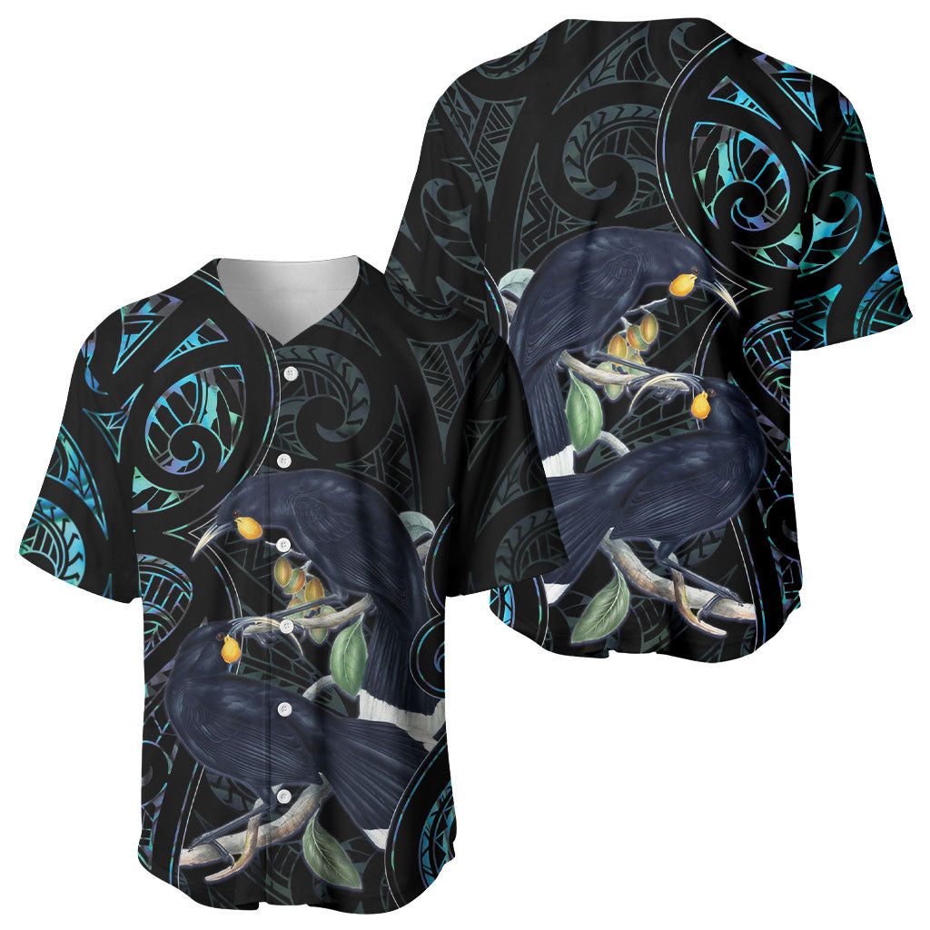 New Zealand Huia Bird Baseball Jersey Paua Shell Maori Pattern