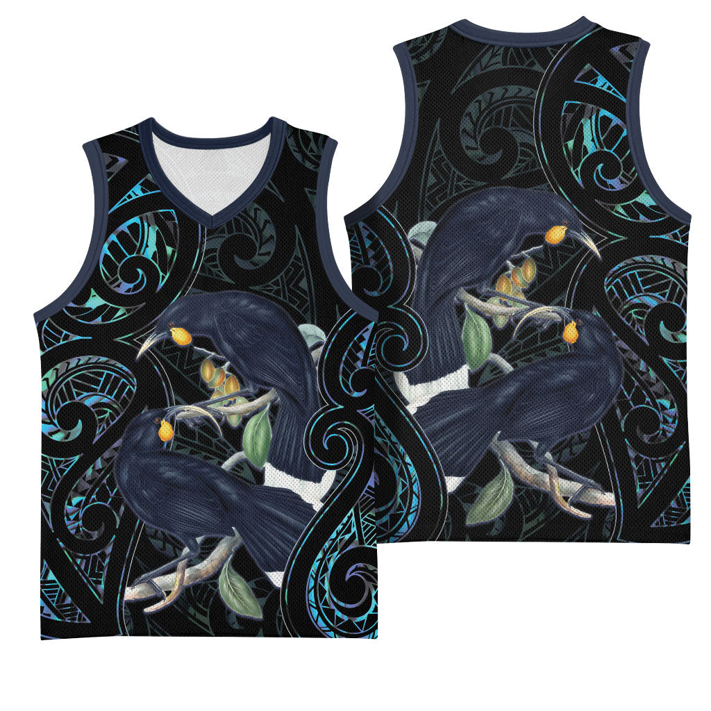 New Zealand Huia Bird Basketball Jersey Paua Shell Maori Pattern