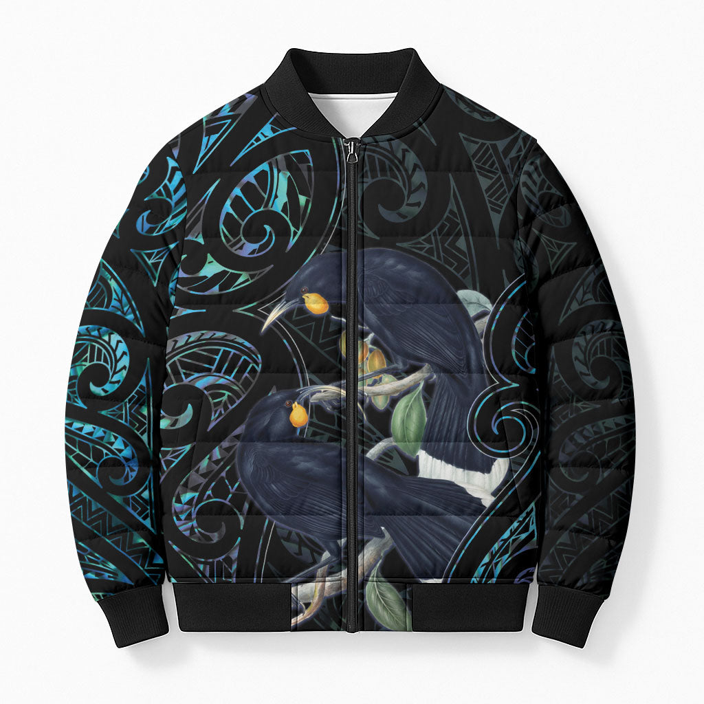 New Zealand Huia Bird Bomber Puffer Jacket Paua Shell Maori Pattern