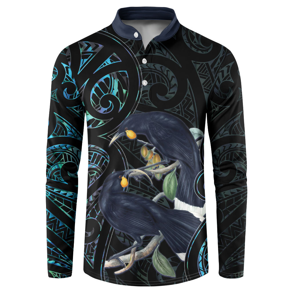 New Zealand Huia Bird Button Sweatshirt Paua Shell Maori Pattern