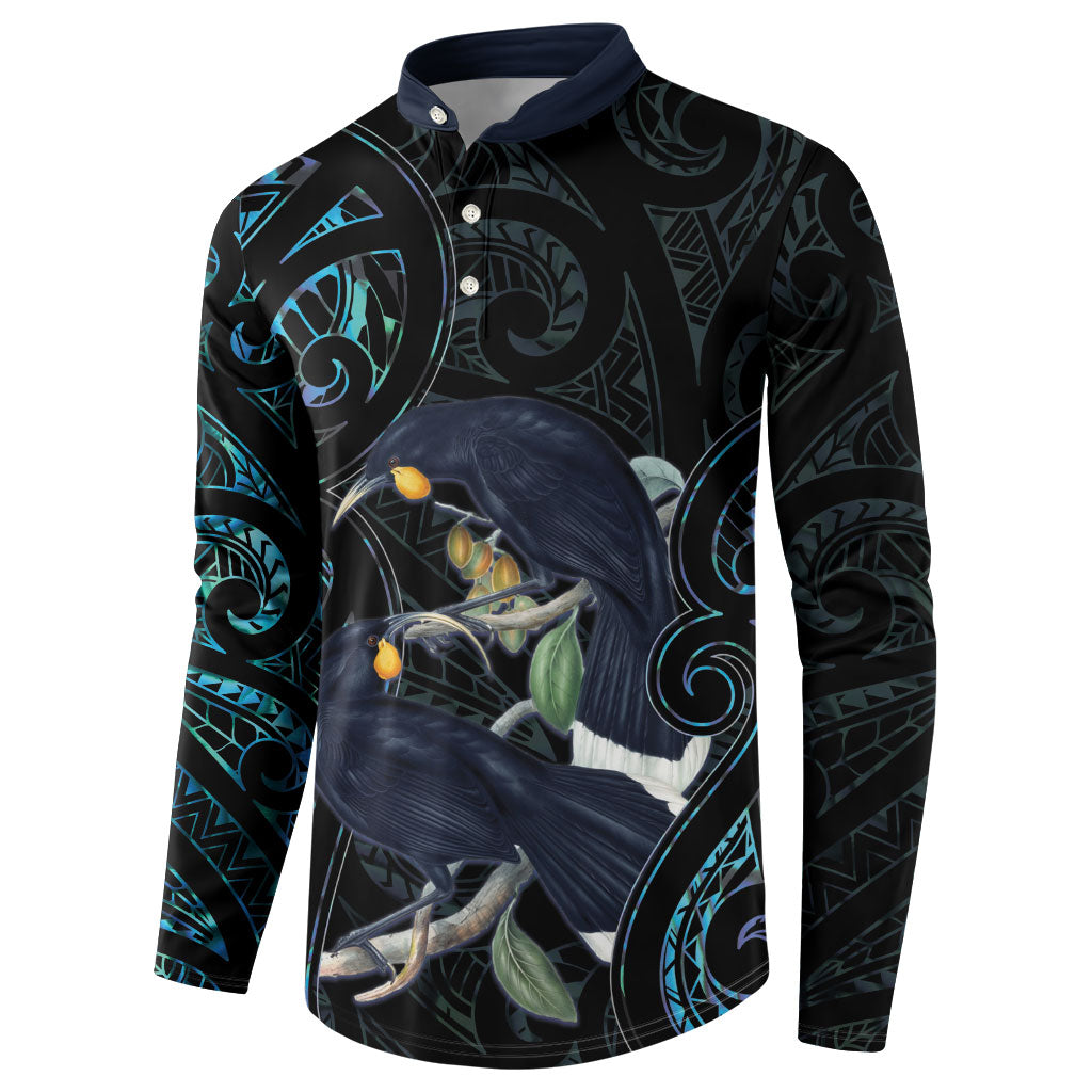 New Zealand Huia Bird Button Sweatshirt Paua Shell Maori Pattern