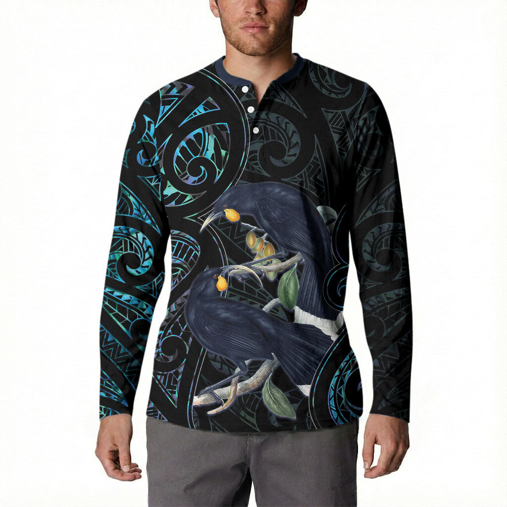 New Zealand Huia Bird Button Sweatshirt Paua Shell Maori Pattern