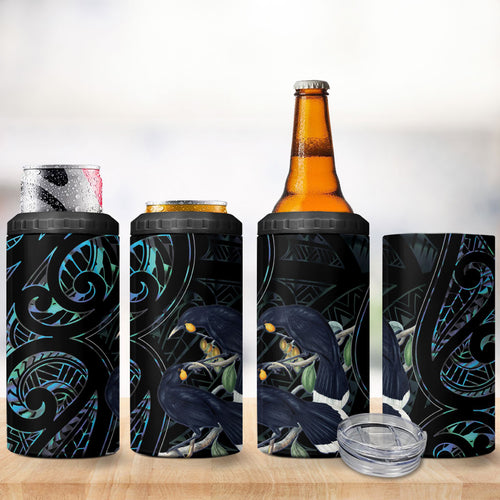 New Zealand Huia Bird 4 in 1 Can Cooler Tumbler Paua Shell Maori Pattern