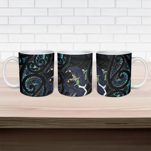 New Zealand Huia Bird Ceramic Mug Paua Shell Maori Pattern