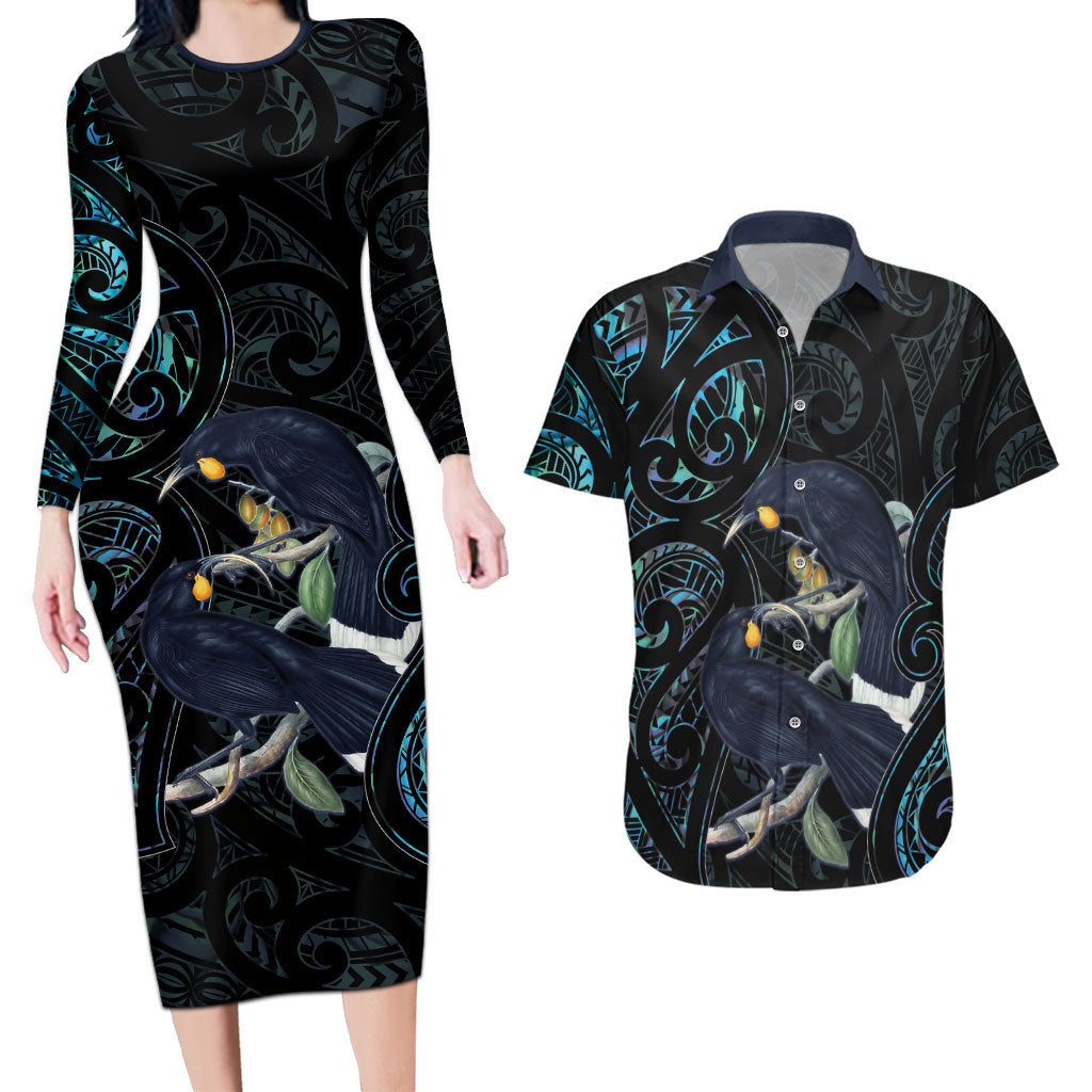 New Zealand Huia Bird Couples Matching Long Sleeve Bodycon Dress and Hawaiian Shirt Paua Shell Maori Pattern