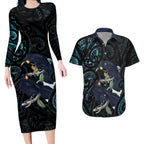 New Zealand Huia Bird Couples Matching Long Sleeve Bodycon Dress and Hawaiian Shirt Paua Shell Maori Pattern