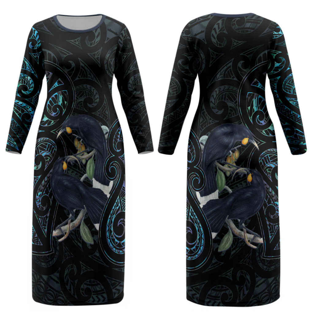 New Zealand Huia Bird Couples Matching Long Sleeve Bodycon Dress and Hawaiian Shirt Paua Shell Maori Pattern LT22