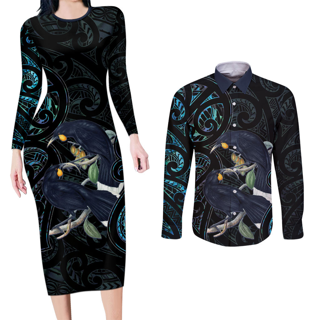 New Zealand Huia Bird Couples Matching Long Sleeve Bodycon Dress and Long Sleeve Button Shirt Paua Shell Maori Pattern