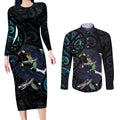 New Zealand Huia Bird Couples Matching Long Sleeve Bodycon Dress and Long Sleeve Button Shirt Paua Shell Maori Pattern