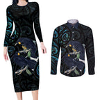 New Zealand Huia Bird Couples Matching Long Sleeve Bodycon Dress and Long Sleeve Button Shirt Paua Shell Maori Pattern