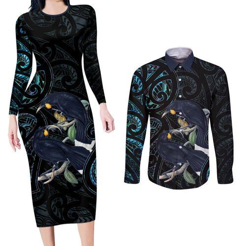 New Zealand Huia Bird Couples Matching Long Sleeve Bodycon Dress and Long Sleeve Button Shirt Paua Shell Maori Pattern