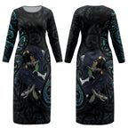 New Zealand Huia Bird Couples Matching Long Sleeve Bodycon Dress and Long Sleeve Button Shirt Paua Shell Maori Pattern LT22