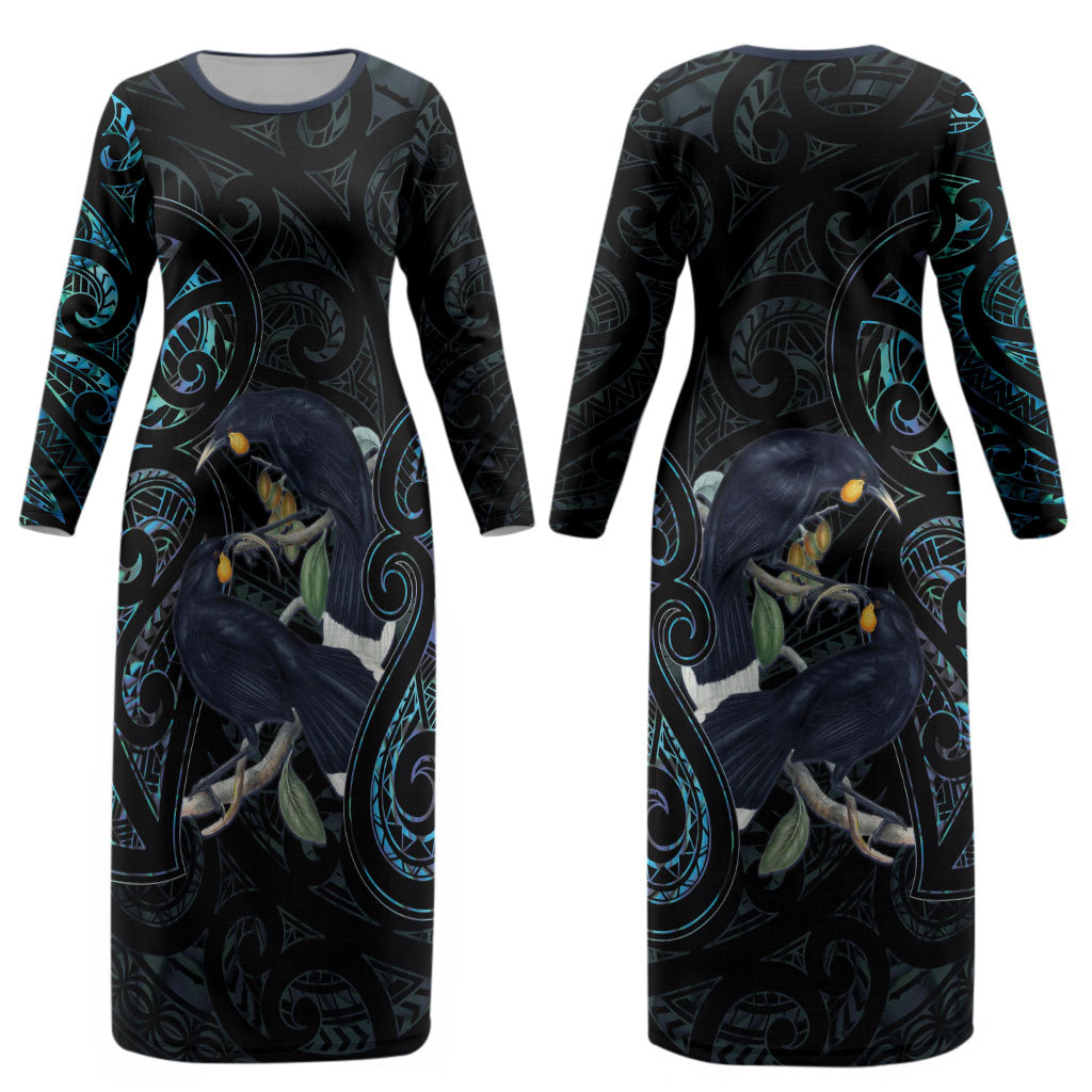 New Zealand Huia Bird Couples Matching Long Sleeve Bodycon Dress and Long Sleeve Button Shirt Paua Shell Maori Pattern LT22