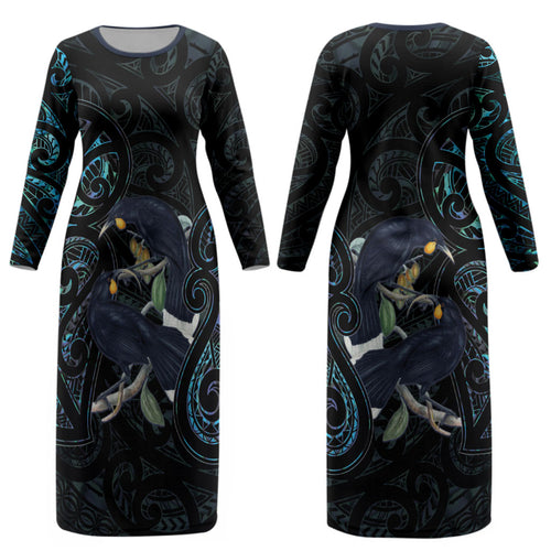 New Zealand Huia Bird Couples Matching Long Sleeve Bodycon Dress and Long Sleeve Button Shirt Paua Shell Maori Pattern LT22