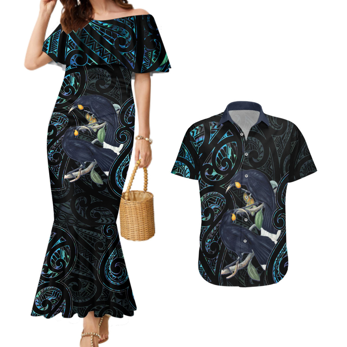 New Zealand Huia Bird Couples Matching Mermaid Dress and Hawaiian Shirt Paua Shell Maori Pattern