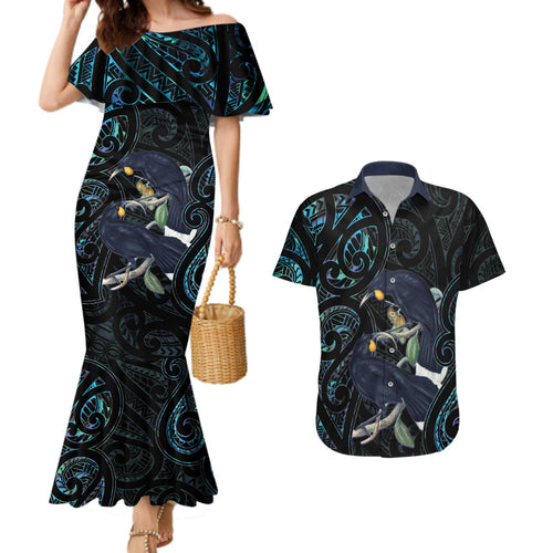 New Zealand Huia Bird Couples Matching Mermaid Dress and Hawaiian Shirt Paua Shell Maori Pattern
