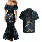 New Zealand Huia Bird Couples Matching Mermaid Dress and Hawaiian Shirt Paua Shell Maori Pattern
