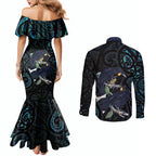 New Zealand Huia Bird Couples Matching Mermaid Dress and Long Sleeve Button Shirt Paua Shell Maori Pattern