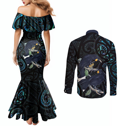 New Zealand Huia Bird Couples Matching Mermaid Dress and Long Sleeve Button Shirt Paua Shell Maori Pattern