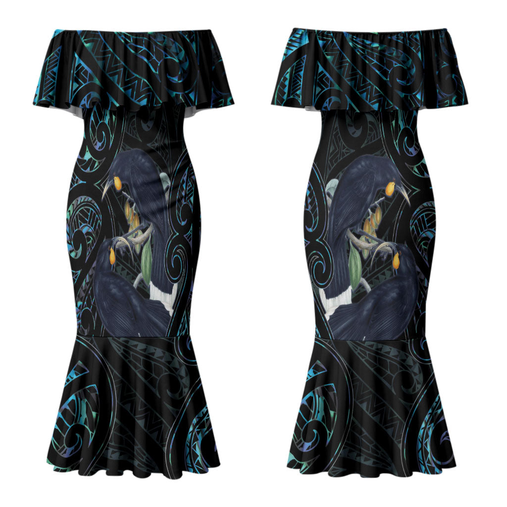 New Zealand Huia Bird Couples Matching Mermaid Dress and Long Sleeve Button Shirt Paua Shell Maori Pattern LT22