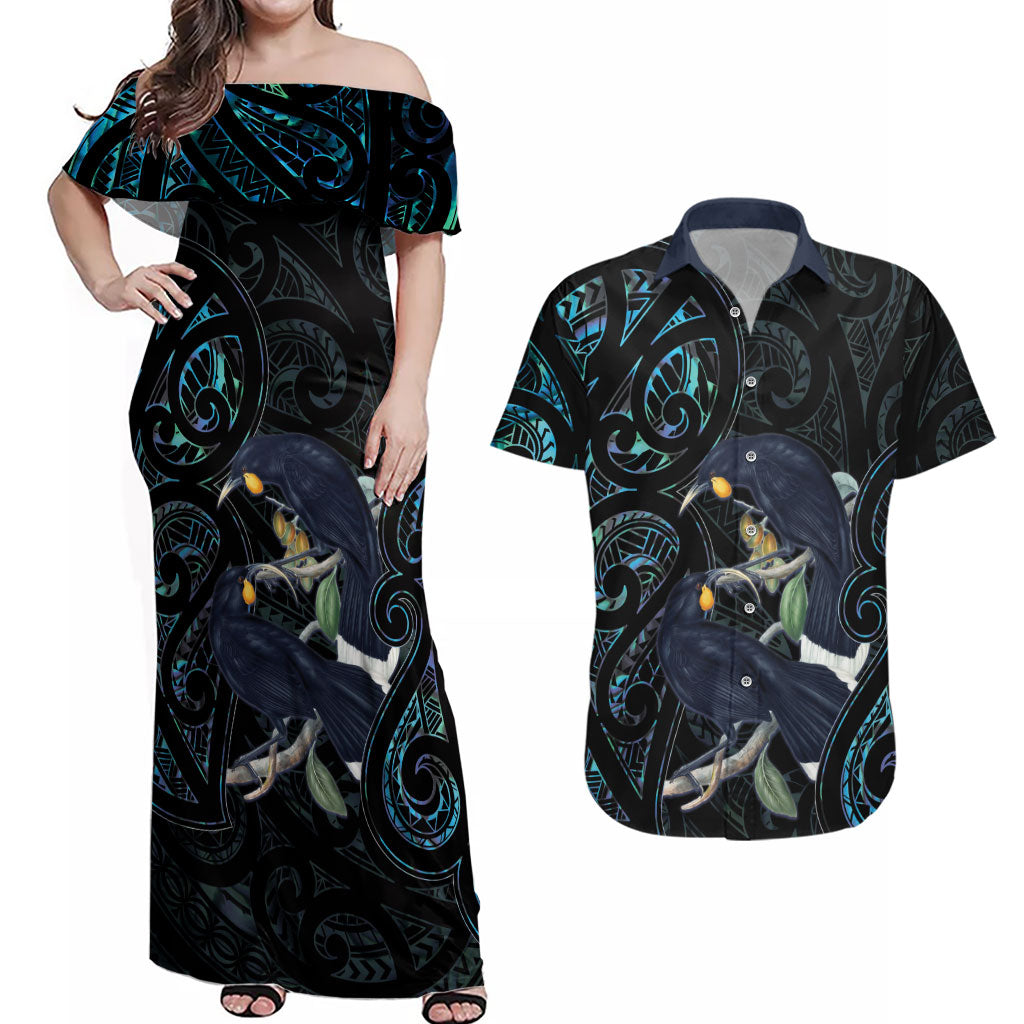 New Zealand Huia Bird Couples Matching Off Shoulder Maxi Dress and Hawaiian Shirt Paua Shell Maori Pattern