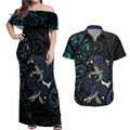 New Zealand Huia Bird Couples Matching Off Shoulder Maxi Dress and Hawaiian Shirt Paua Shell Maori Pattern