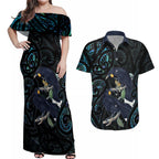 New Zealand Huia Bird Couples Matching Off Shoulder Maxi Dress and Hawaiian Shirt Paua Shell Maori Pattern