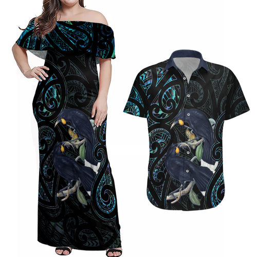 New Zealand Huia Bird Couples Matching Off Shoulder Maxi Dress and Hawaiian Shirt Paua Shell Maori Pattern