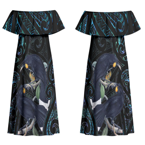 New Zealand Huia Bird Couples Matching Off Shoulder Maxi Dress and Hawaiian Shirt Paua Shell Maori Pattern LT22