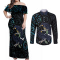 New Zealand Huia Bird Couples Matching Off Shoulder Maxi Dress and Long Sleeve Button Shirt Paua Shell Maori Pattern