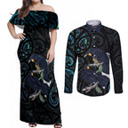 New Zealand Huia Bird Couples Matching Off Shoulder Maxi Dress and Long Sleeve Button Shirt Paua Shell Maori Pattern